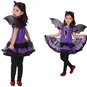 NWT Girls Bat Witch Costume Halloween Cosplay Fancy‎ Dress Up with Bat Wings L